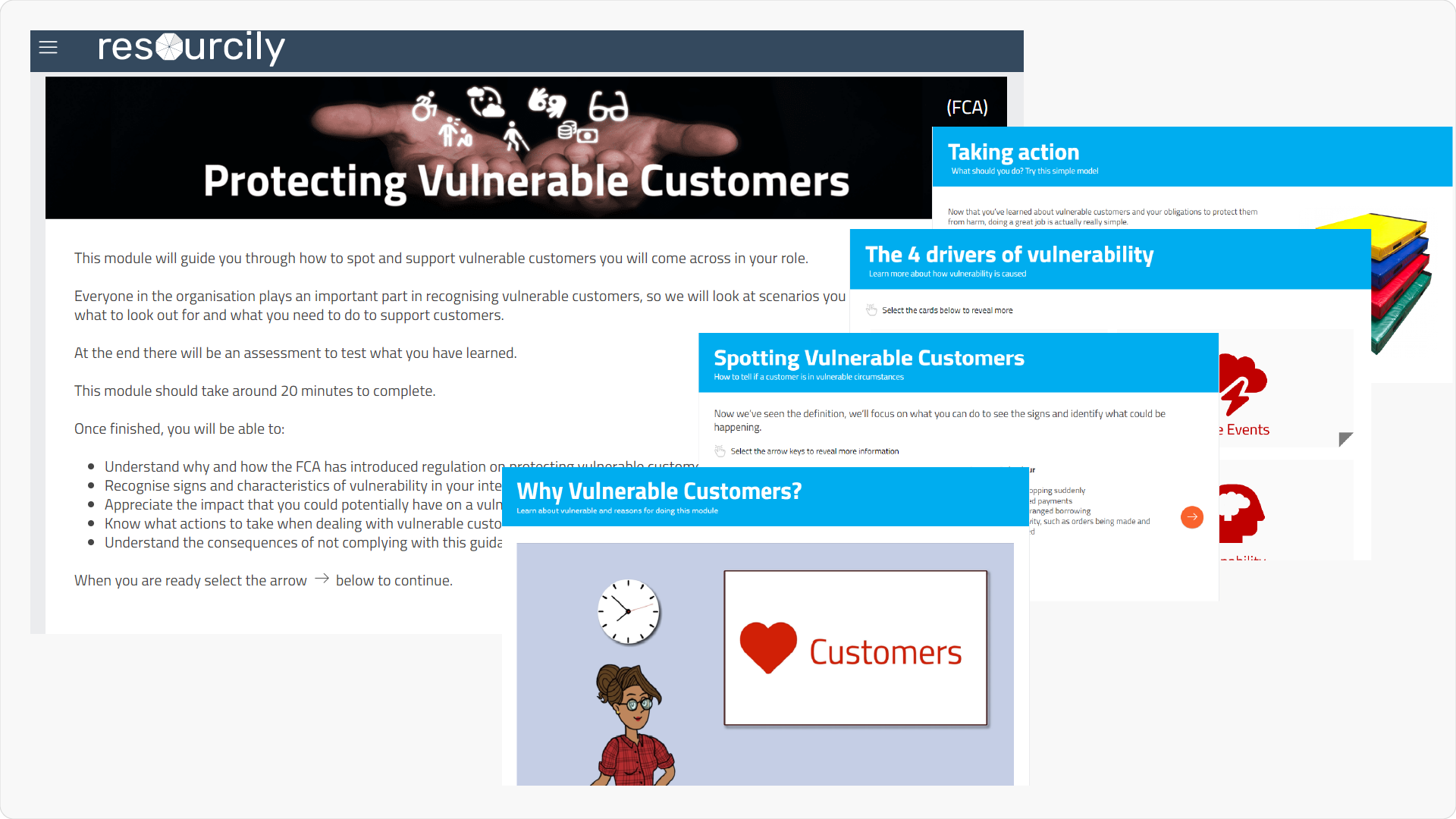 screen shots of an eLearning course titled FCA Vulnerable Customers Course by resourcily in blue color